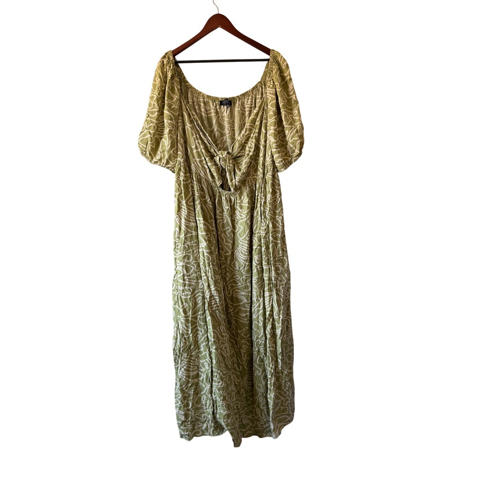 Eloquii Plus Size 22 Green Abstract Print Tie Front Puff Sleeve Maxi Dress